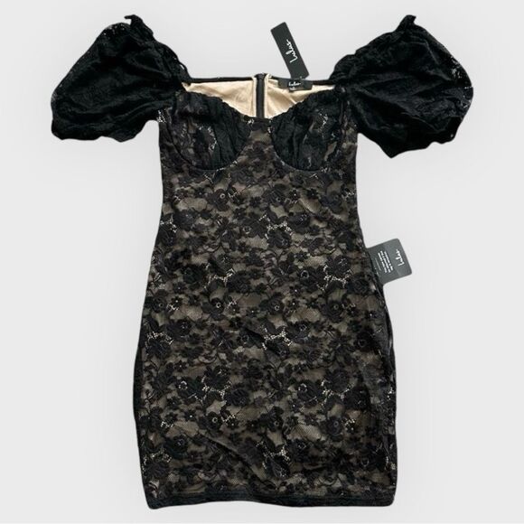 Lulus Fetching & Flirty Black Lace Puff Sleeve Bodycon Chic Mini Dress Medum - Picture 1 of 5